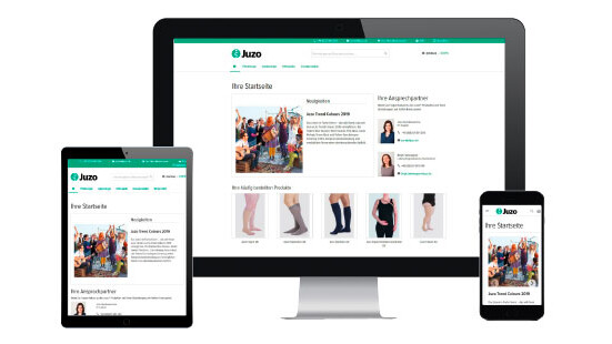Een computerscherm, tablet en smartphone waarop de startpagina van de webwinkel te zien is