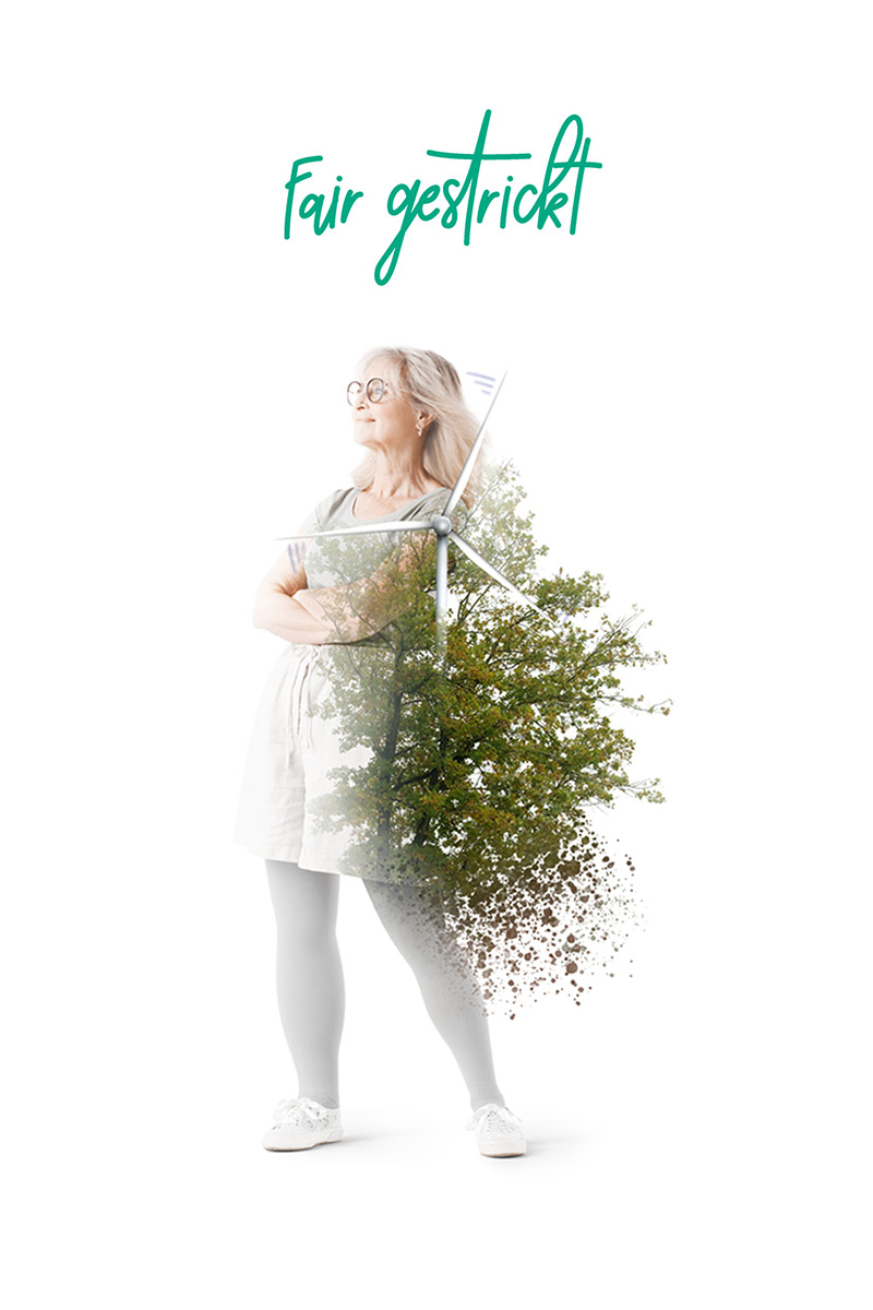 Frau, die in die Zukunft blickt im Hintergrund. Im Vordergrund Wald und ein Windrad.