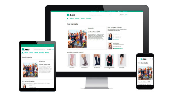 Ein Bildschirm, Tablett und Smartphone auf denen man die Startseite des Onlineshops sieht